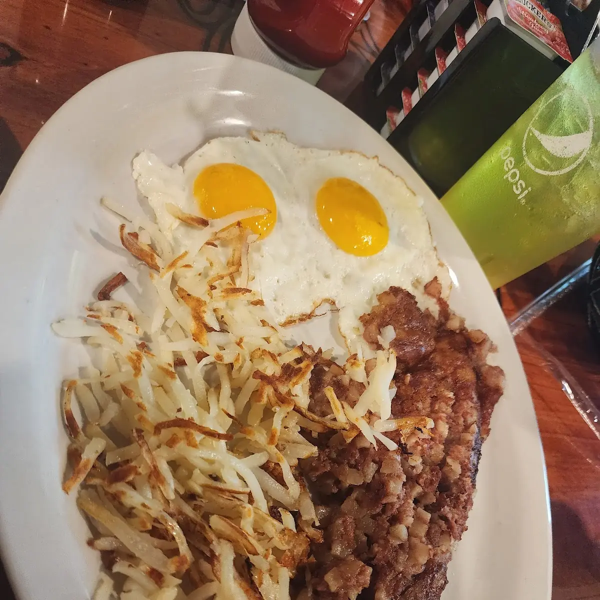 Corn Beef Hash and Hashbrowns and Eggs