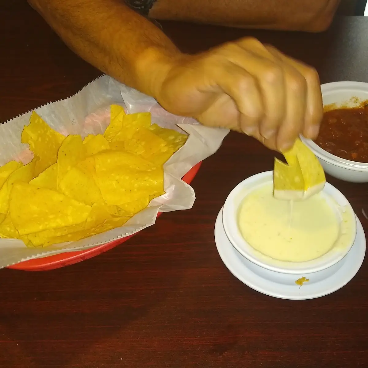 Chips Salsa and White Cheese Sauce