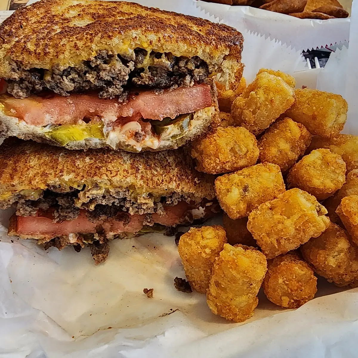Grilled Chopped Cheese Burger with Tots