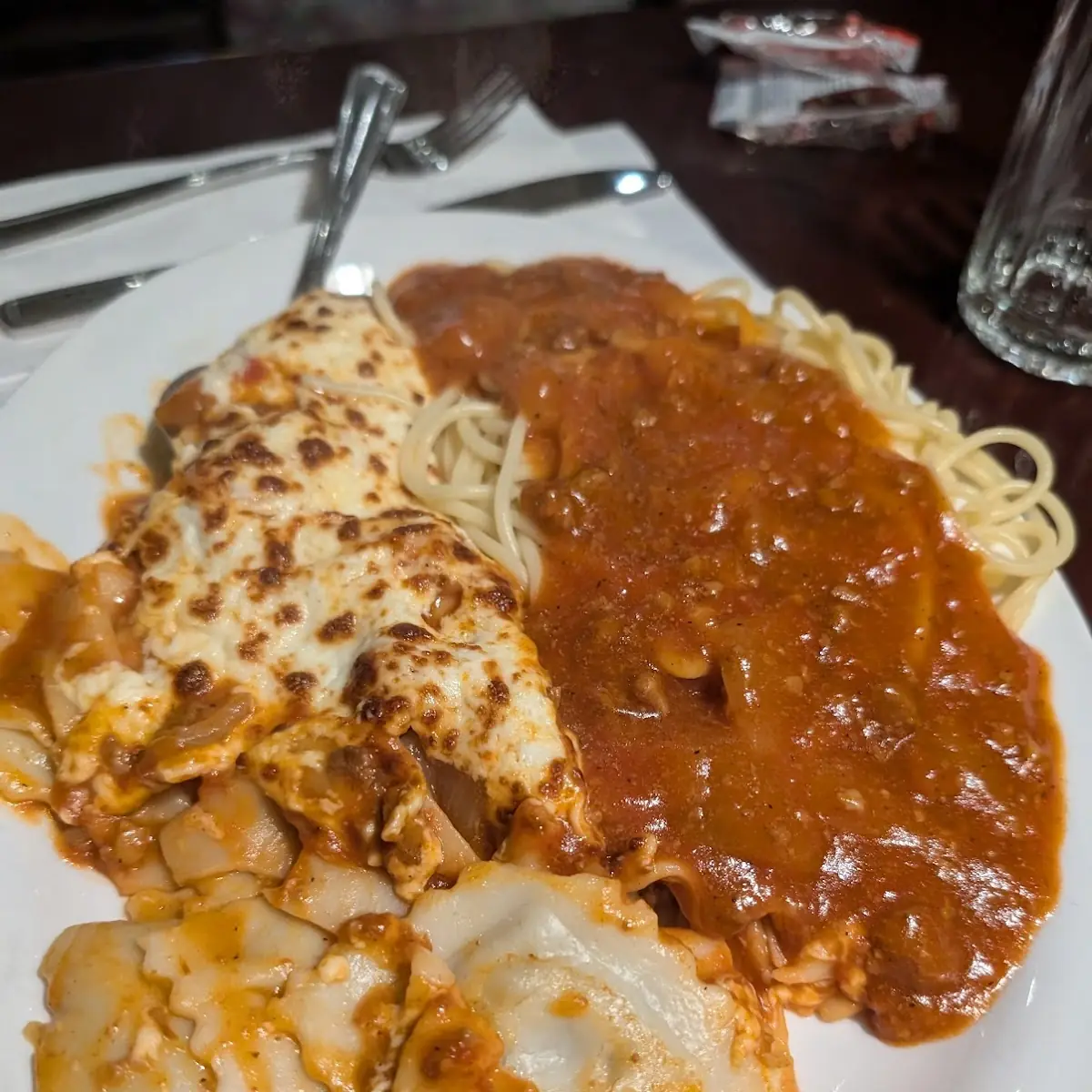 Oven Baked Lasagna Beef Ravioli C with Spaghetti, Luna Pizzeria Restaurant