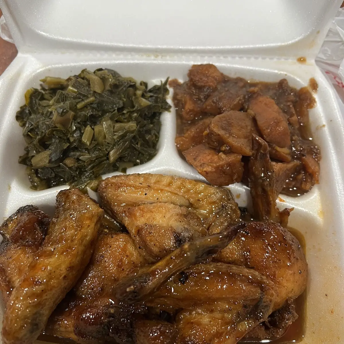 Greens Sweet Potatoes and Wings