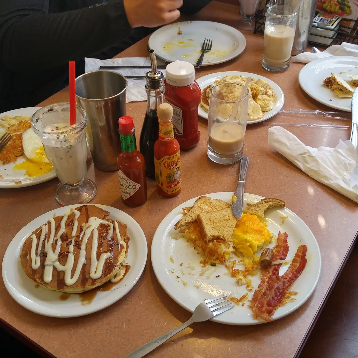 Bacon Eggs Bread and Pancakes