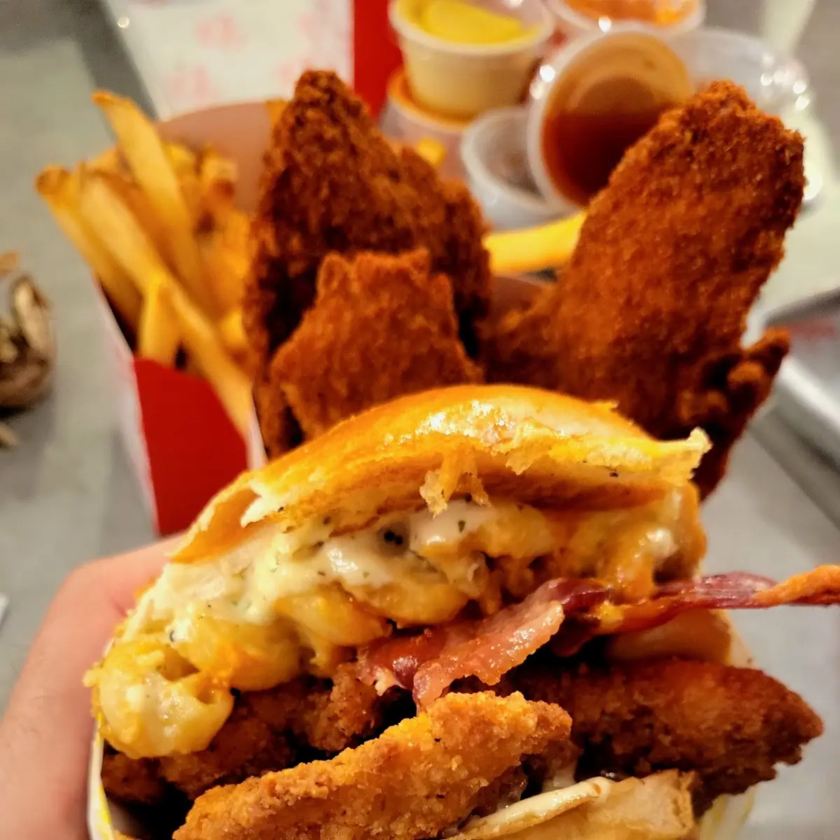 Chicken Burger with Mac and Cheese