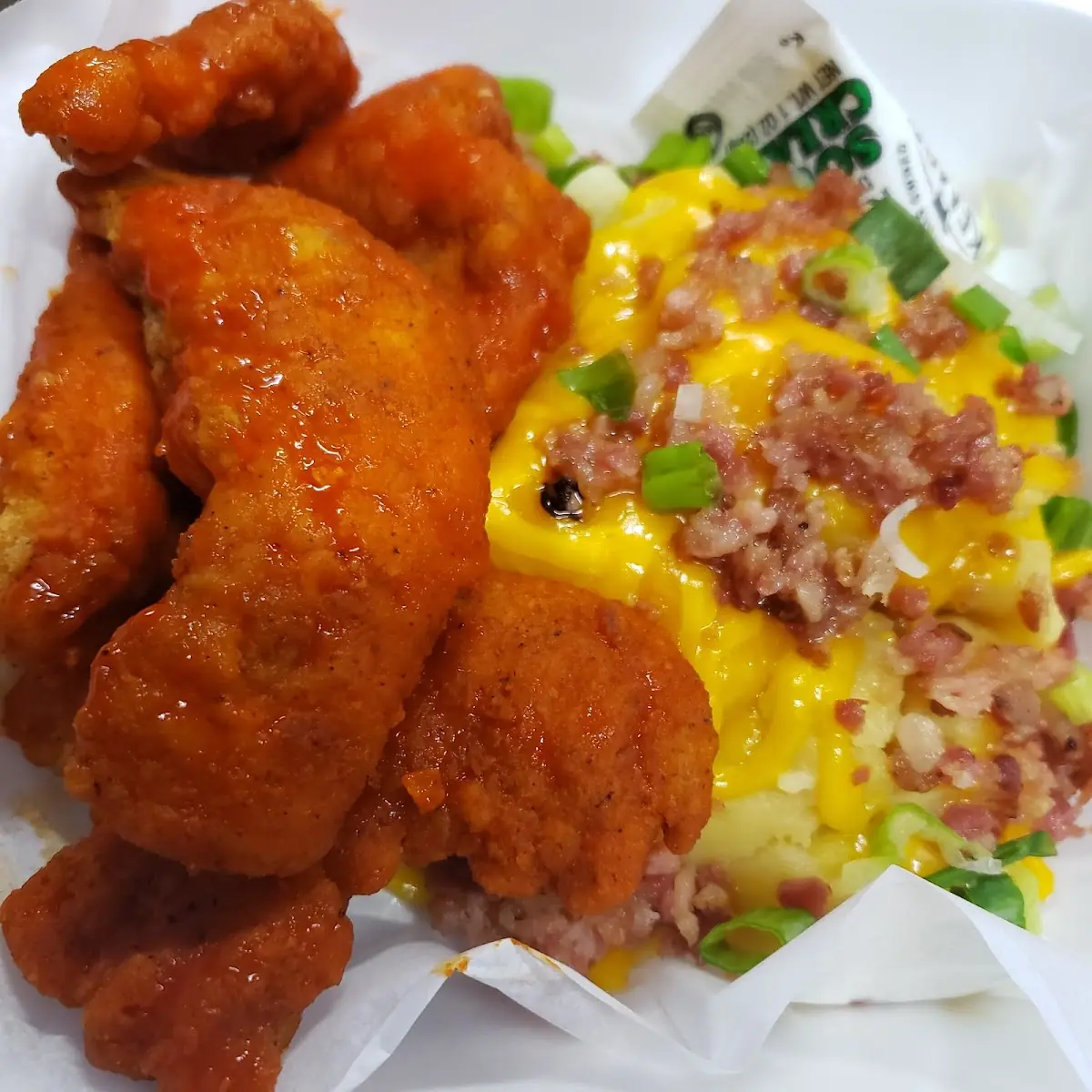 Loaded Mashed Potatoes and Buffalo Chicken Tenders