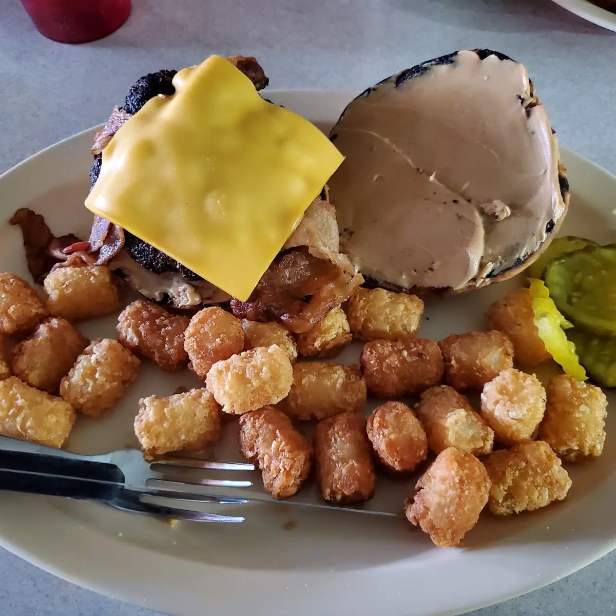 Peanut Butter Bacon Burger with Tots