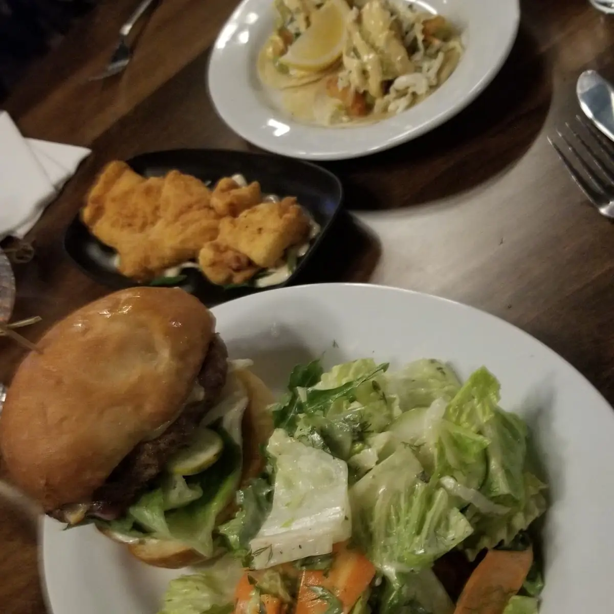 Beef Burger and House Salad Cod Bites Seafood Tacos