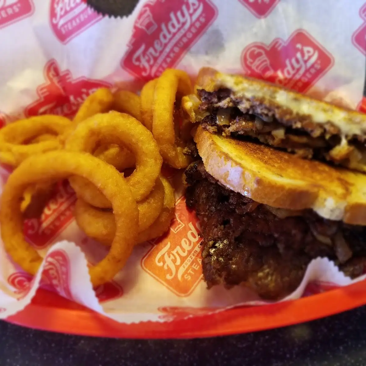 Patty Melt with Onion Rings