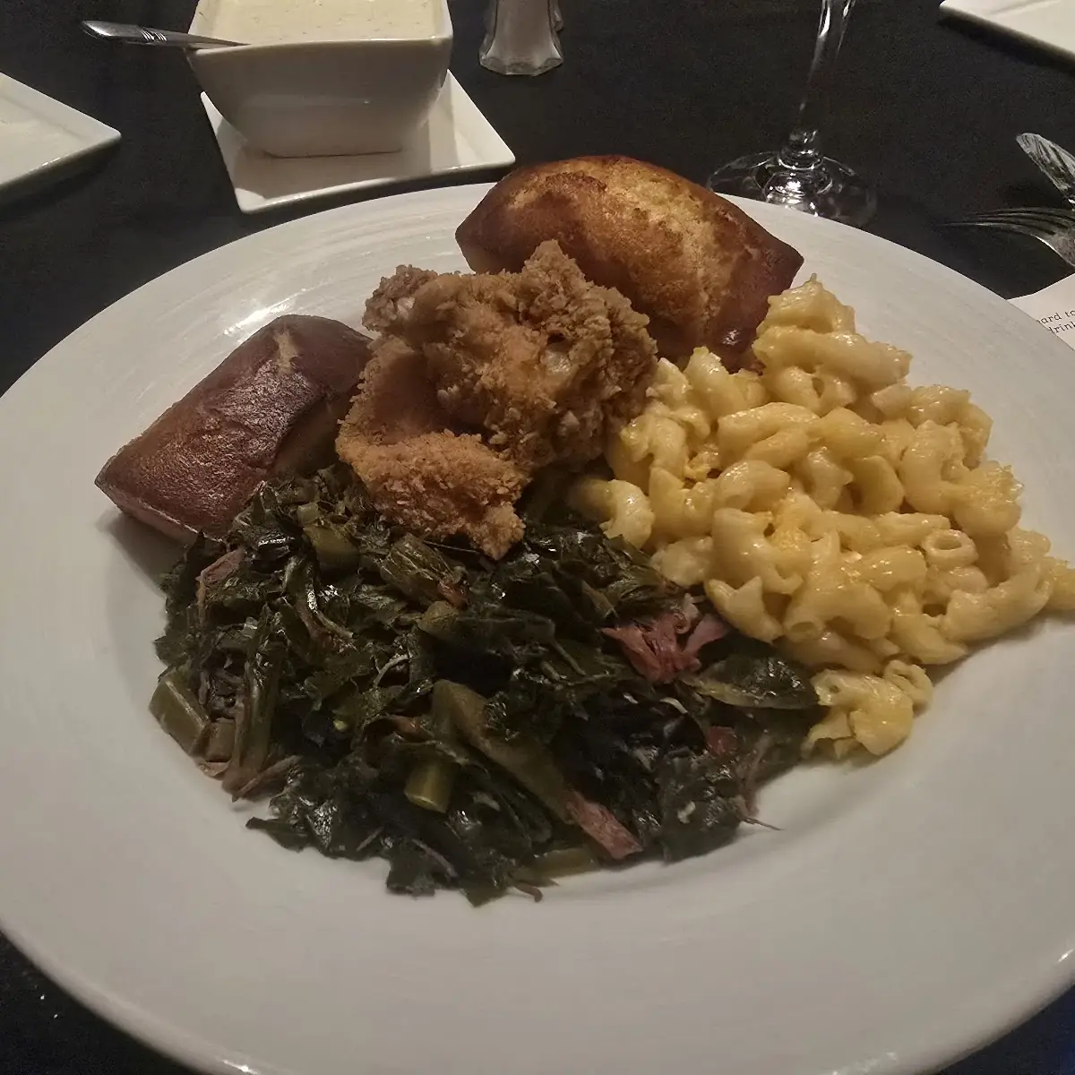 Chicken Collard Greens Mac and Cheese Cornbread
