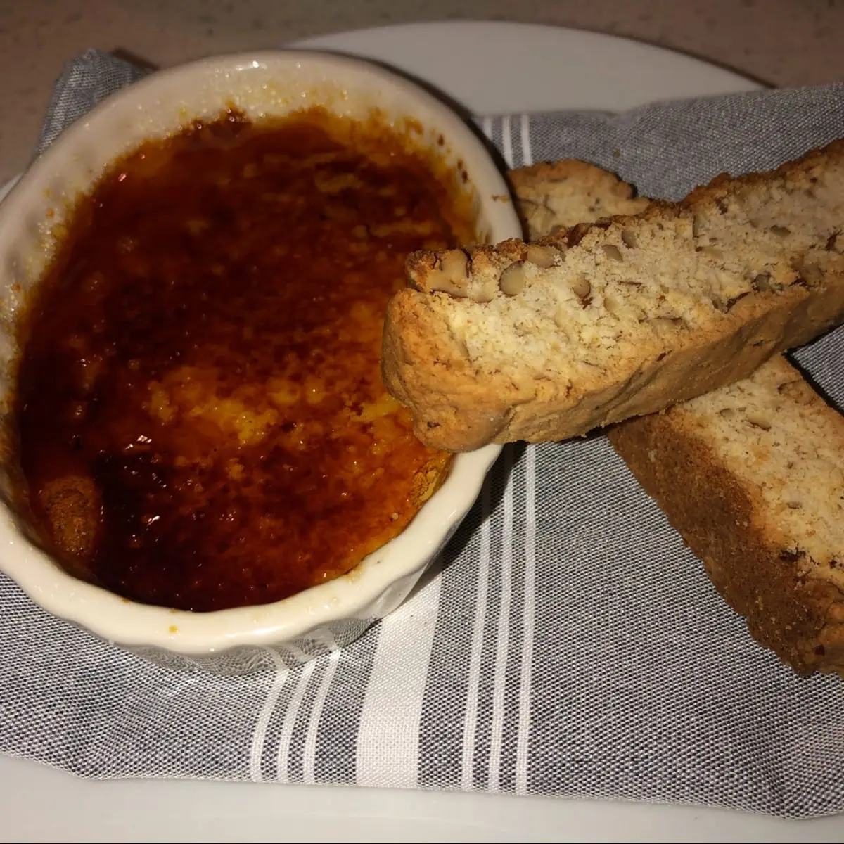 Creme Brulee with Benne Seed Biscotti