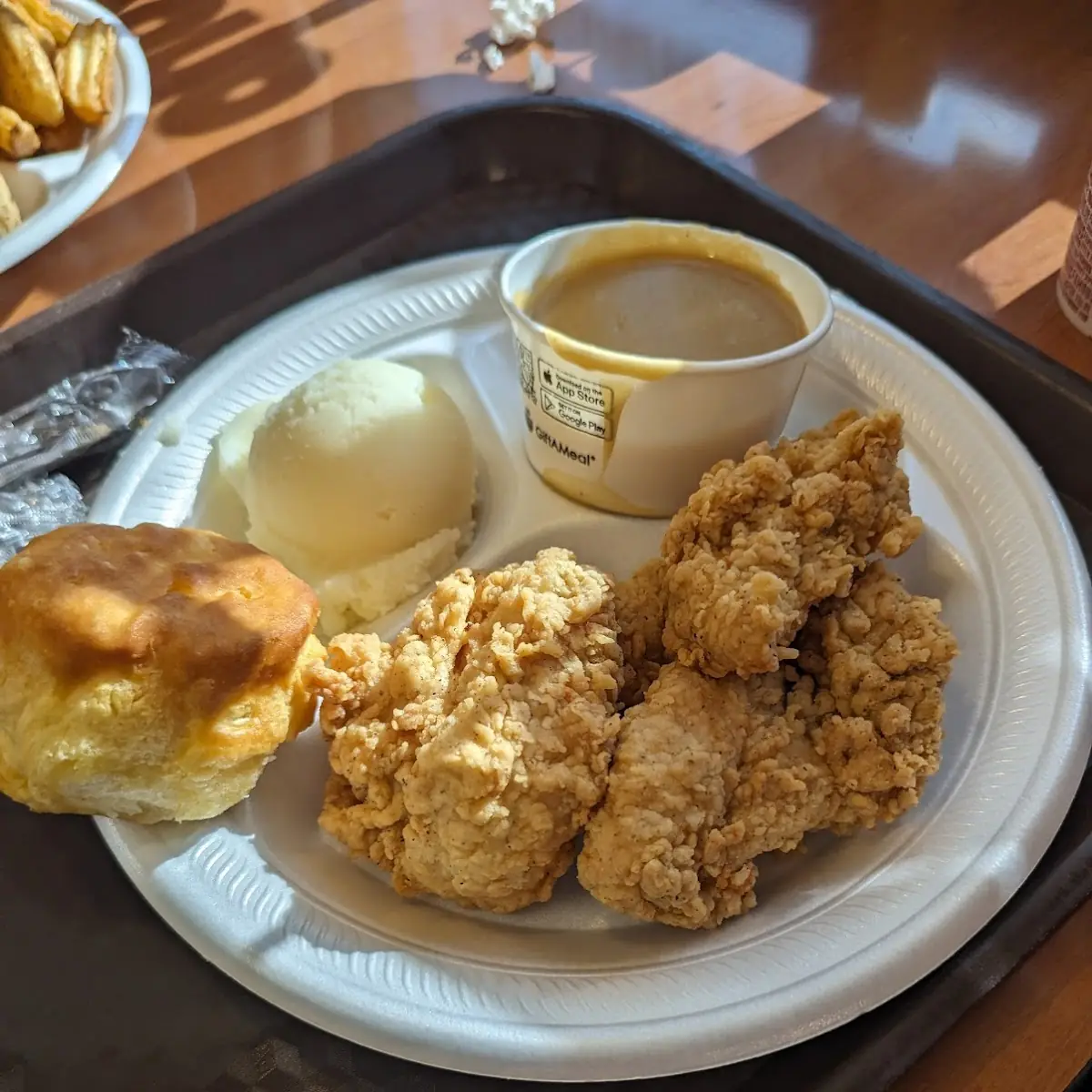 Chicken Strips with Mashed Potatoes and Gravy and Biscuit