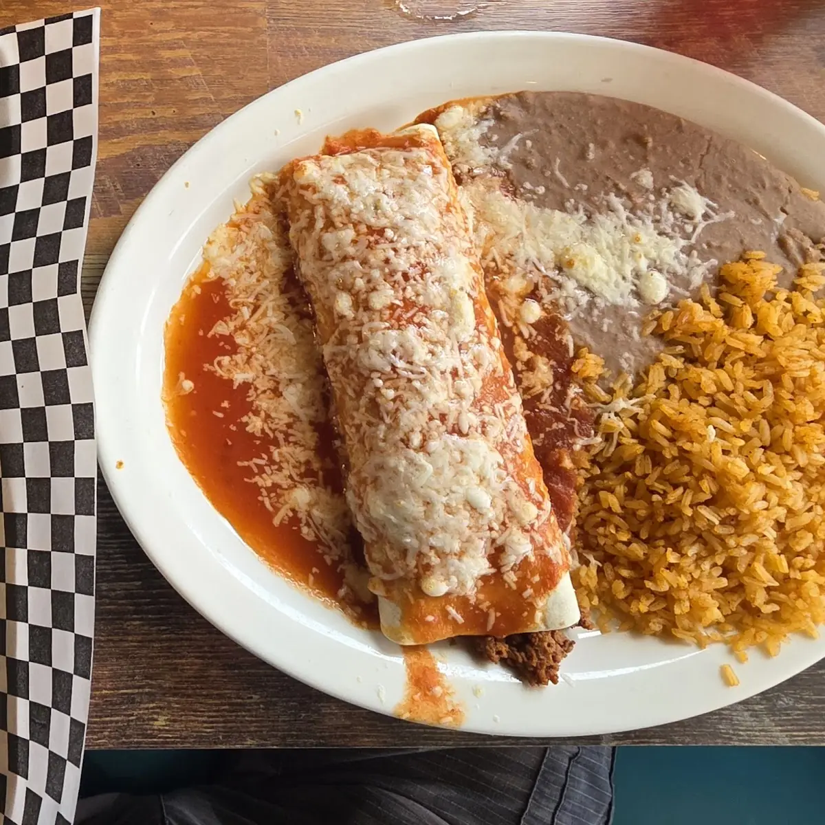 Choose Three Burrito Enchilada Rice and Beans
