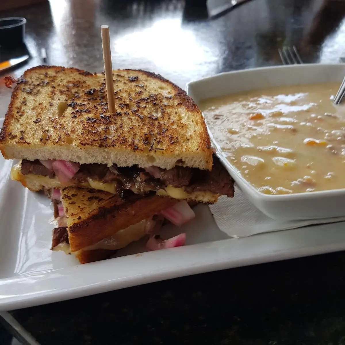 Steak Grilled Cheese with Side of Clam Chowder