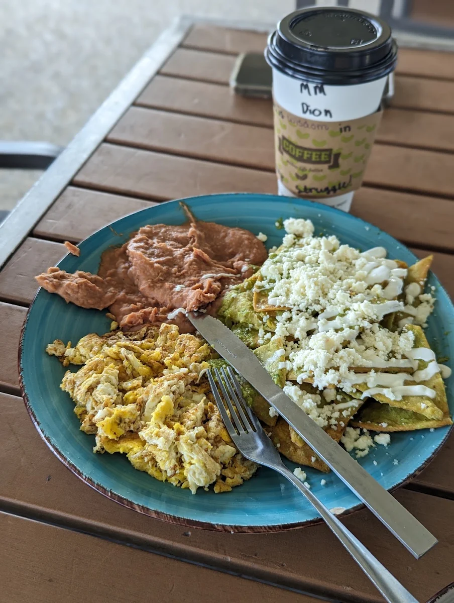 Chilaquiles with Scrambled Eggs and Beans