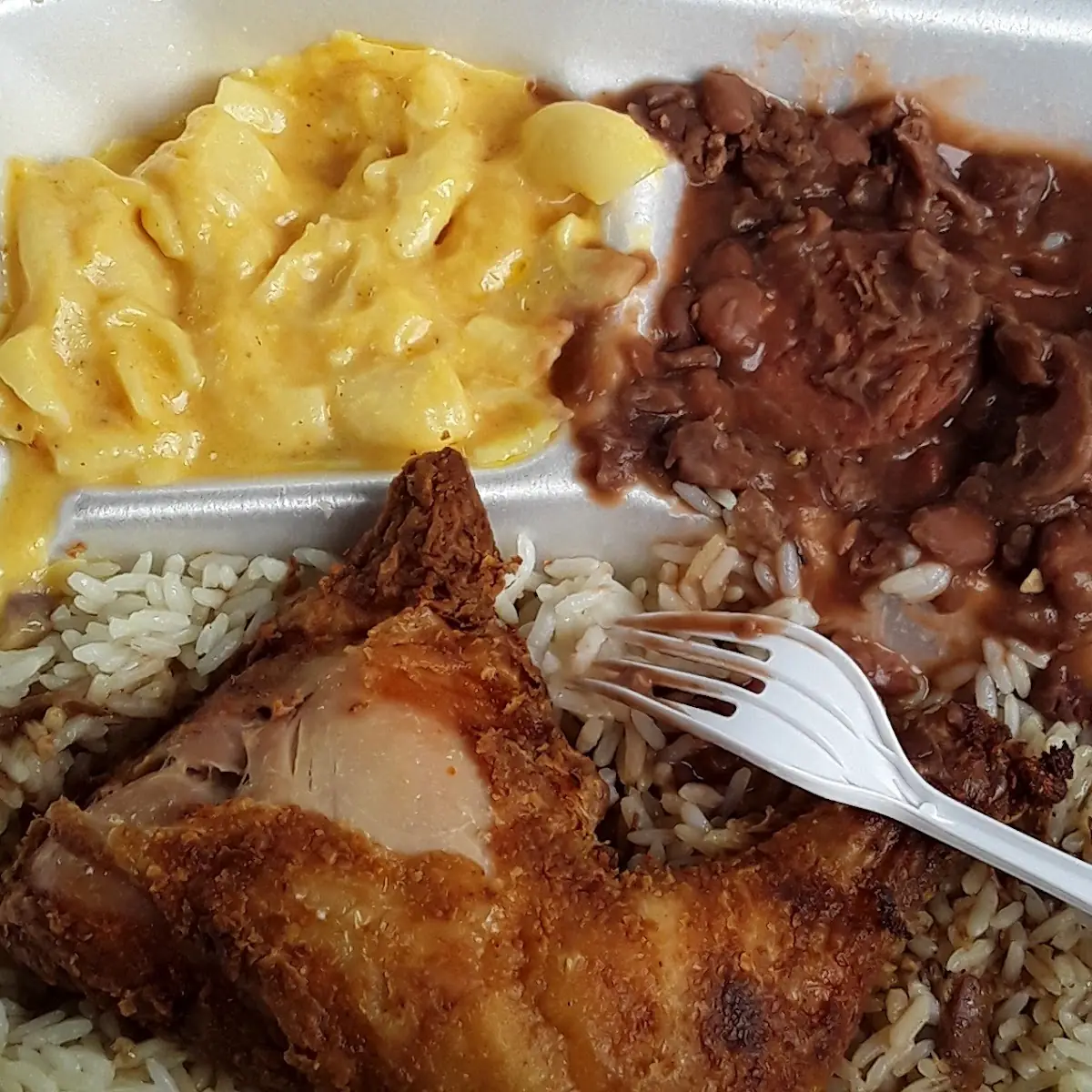 Fried Chicken with Mac and Cheese and Red Beans