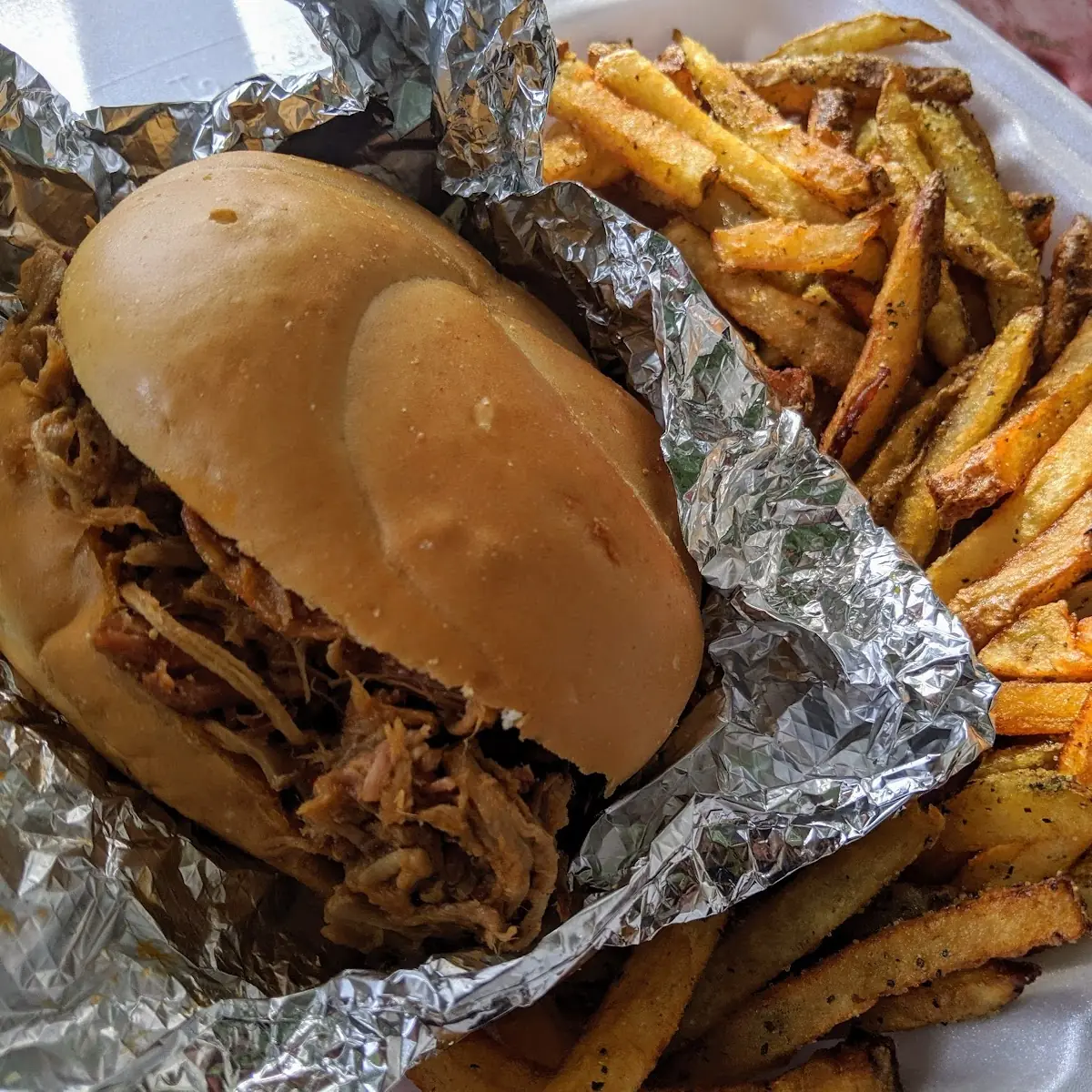 Pulled Pork Sandwich and Fries