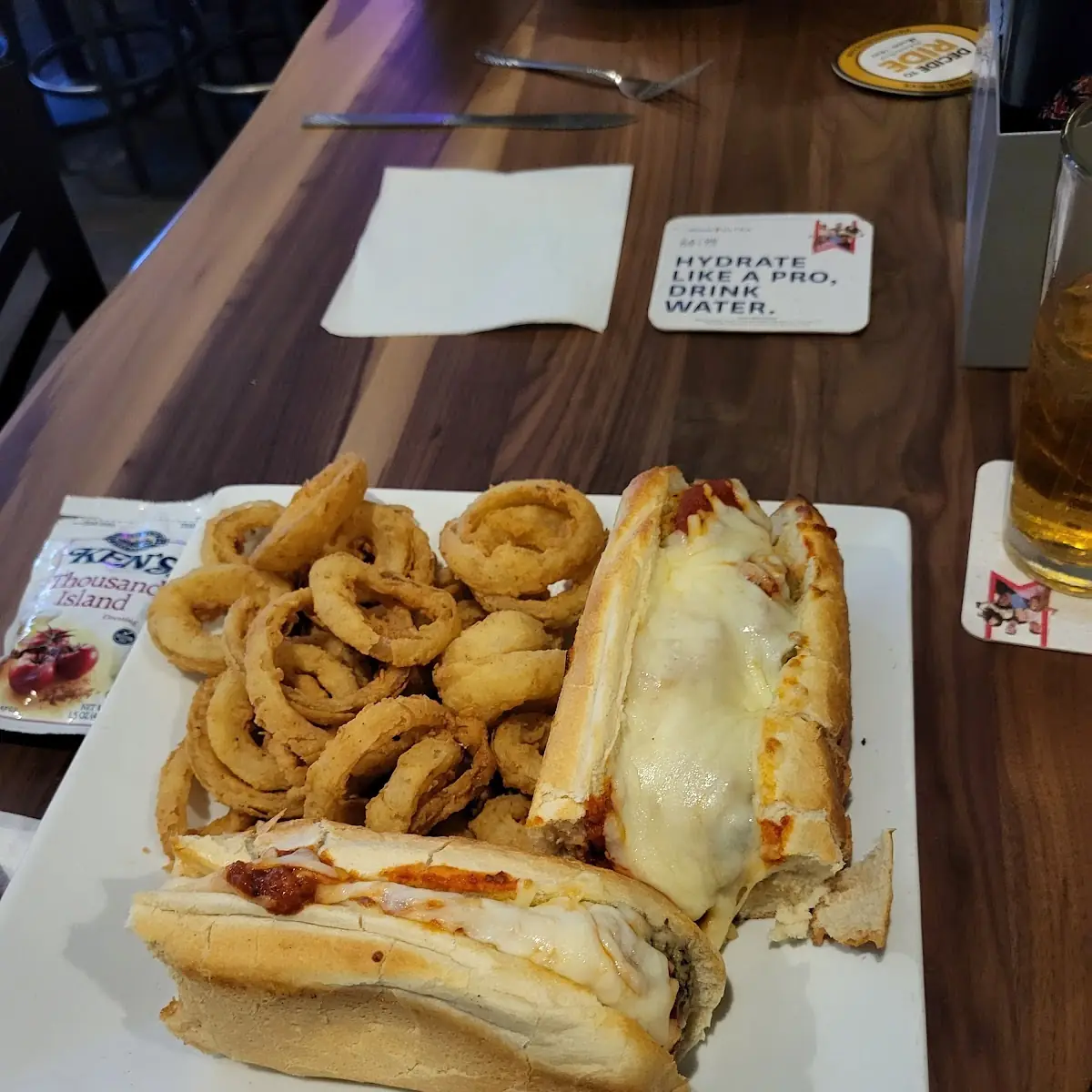 Meatball Sub and Onion Rings