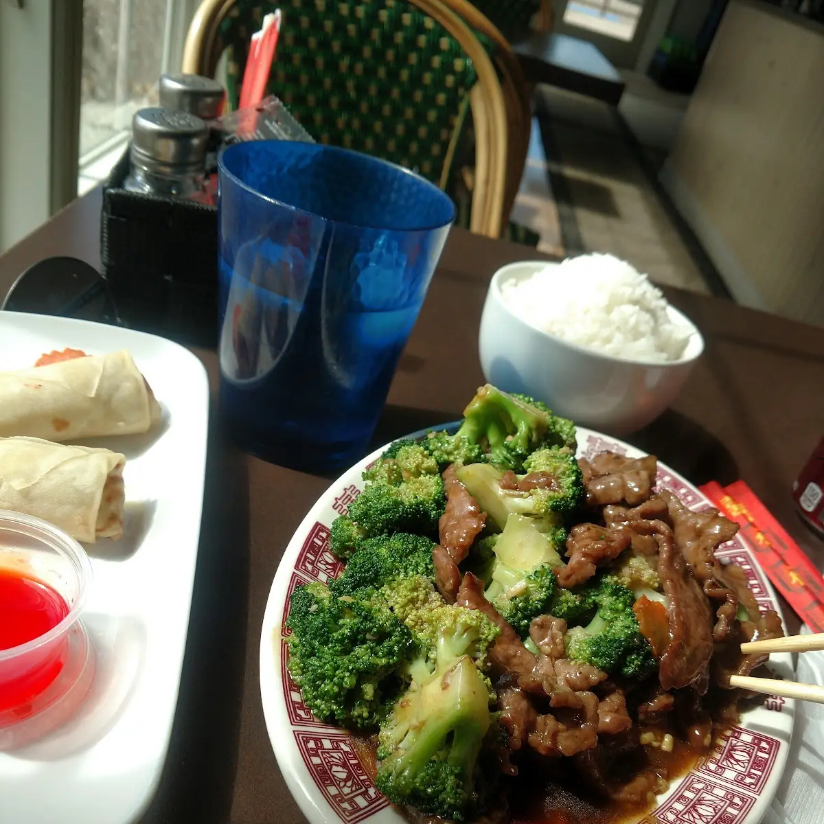 Beef and Broccoli with Egg Rolls