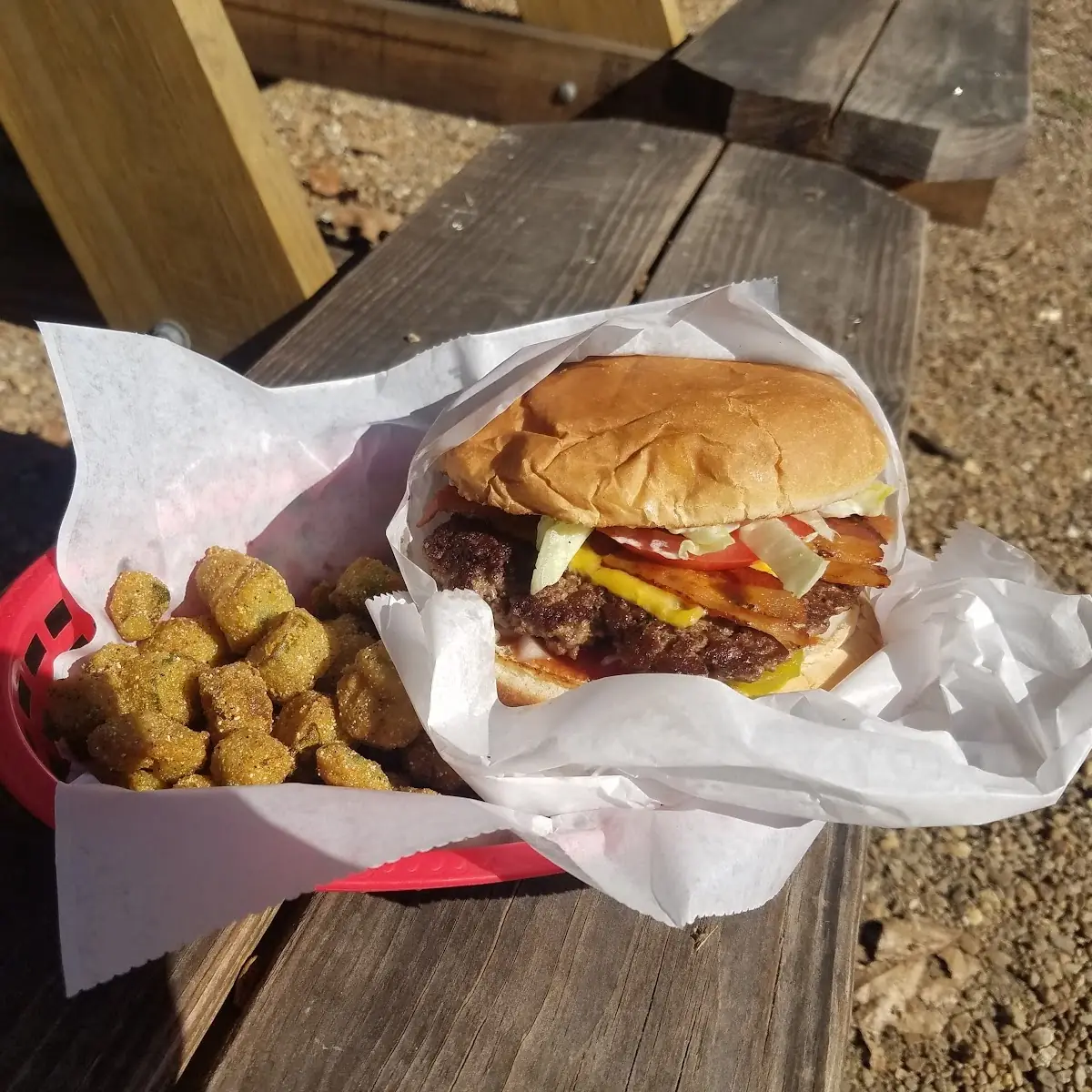 Large Bacon Cheeseburger and Fried Okra