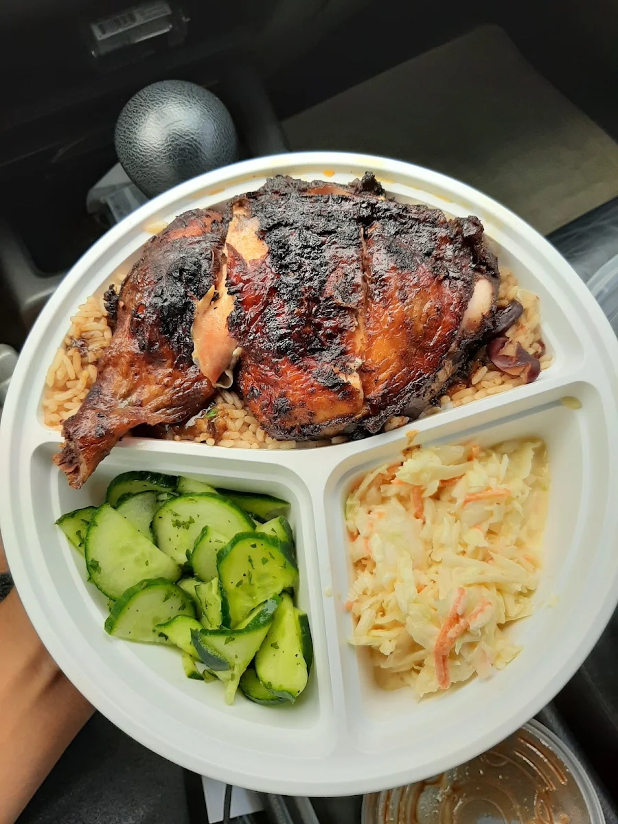 Jerk Chicken Meal Rice & Peas Cucumber Salad and Coleslaw, Island Spice Flava Inc