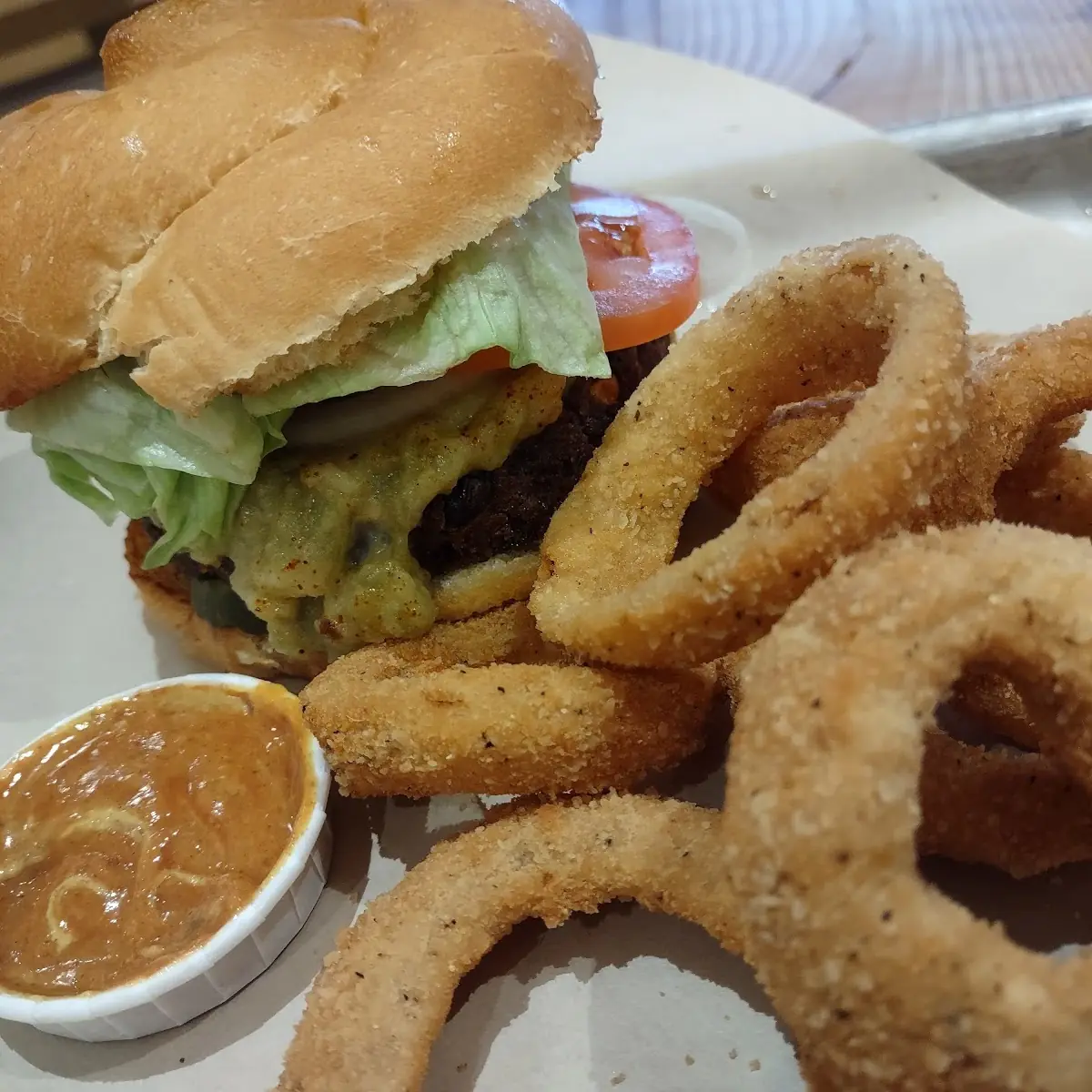 Black Bean Burger and Onion Rings