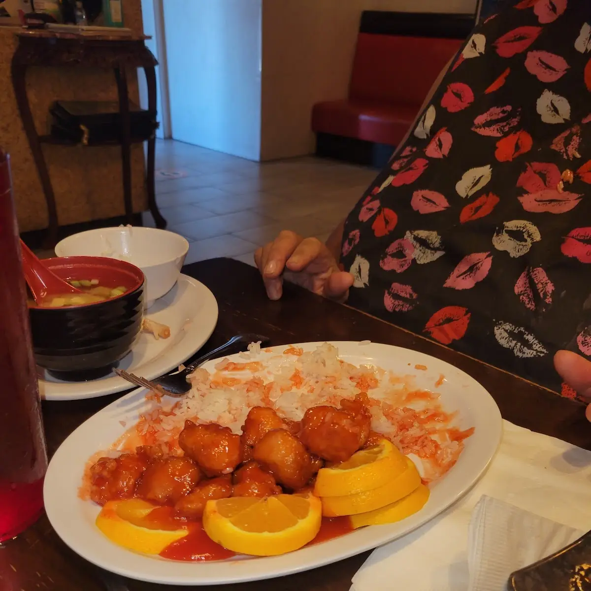 Orange Chicken with Rice and Soup