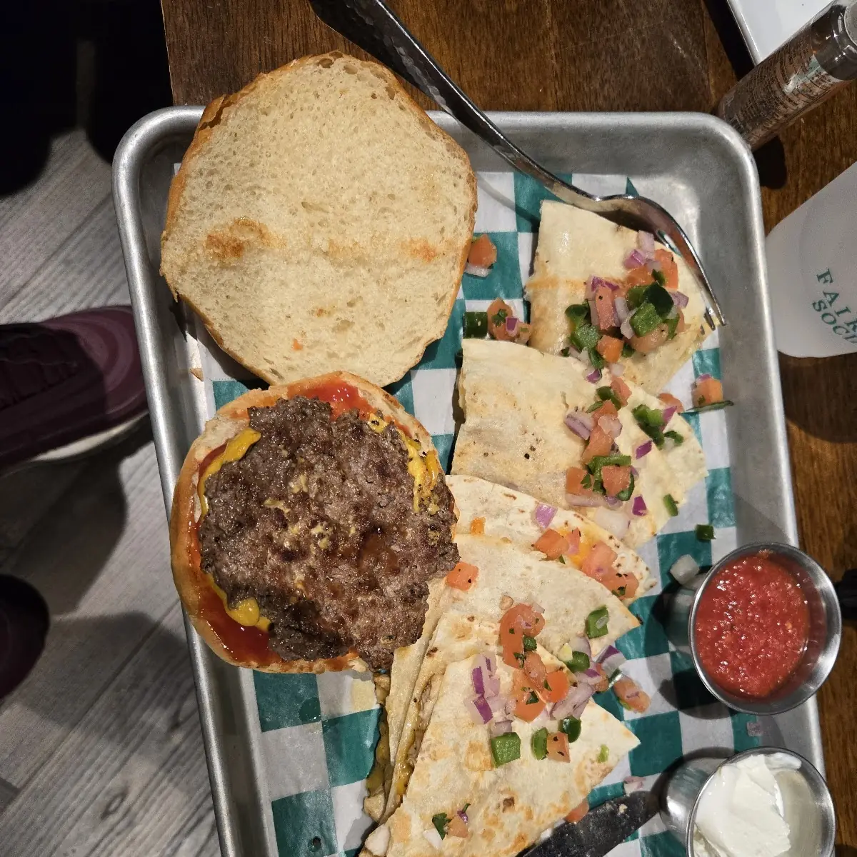 Chicken Quesadilla and Double Cheseburger