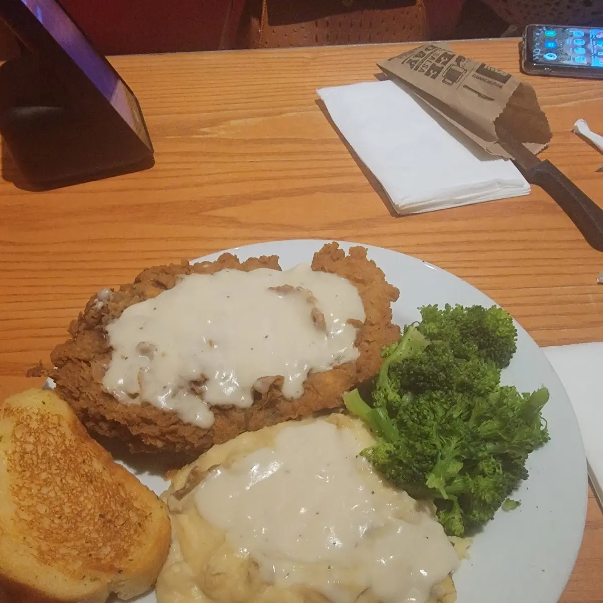 Chicken Fried Chicken Broccoli and Mashed Potatoes and Gravy