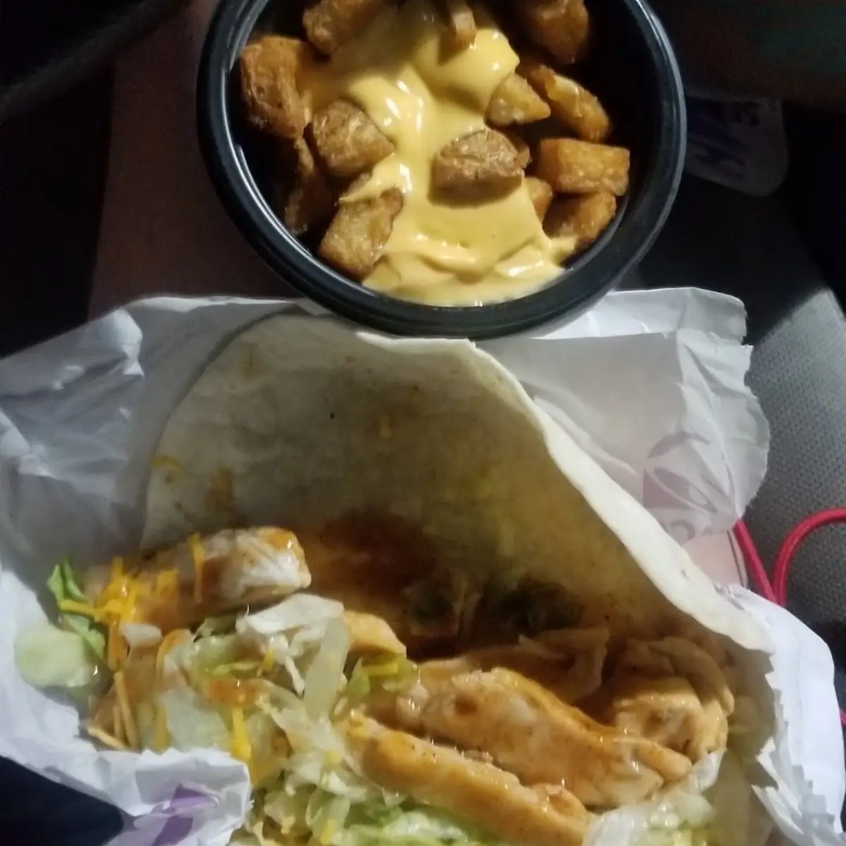 Chicken Soft Shell Taco and Potato Wedges with Cheese