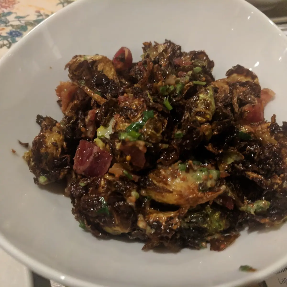Fried Brussels Sprouts with Bacon and Honey Mustard