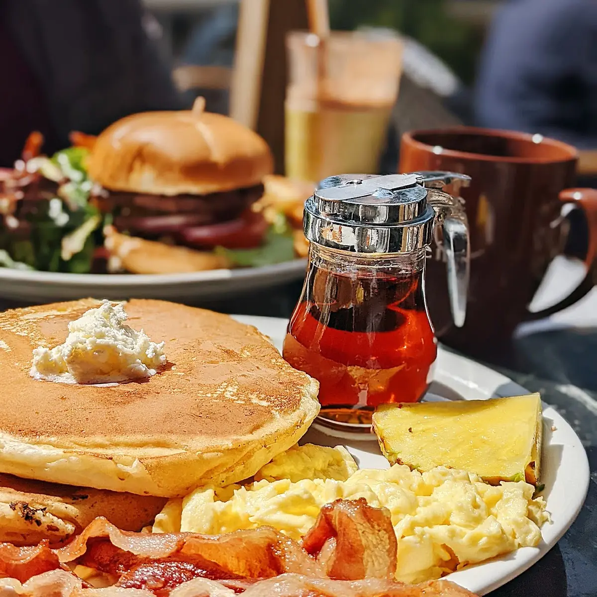 Buttermilk Pancakes with Scrambled Eggs and Bacon