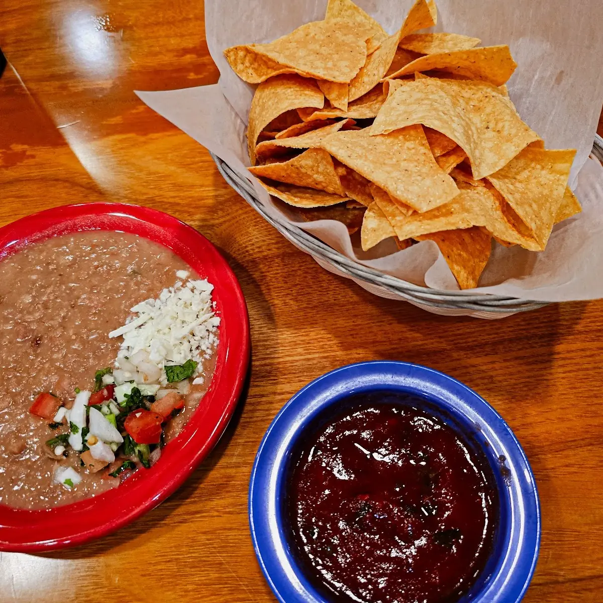 Chips Salsa and Bean Dip