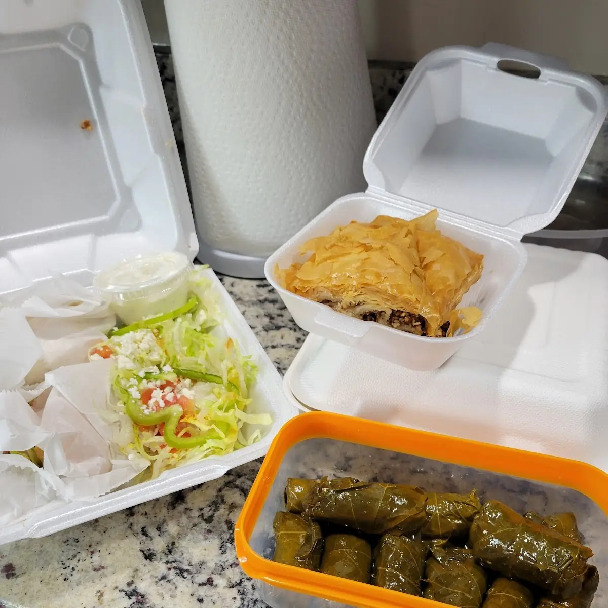 Baklava Greek Salad and Stuffed Grape Leaves