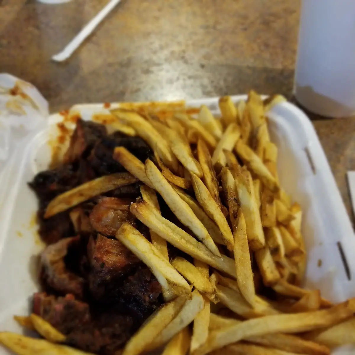 Open Face Burnt End Sandwich with Fries