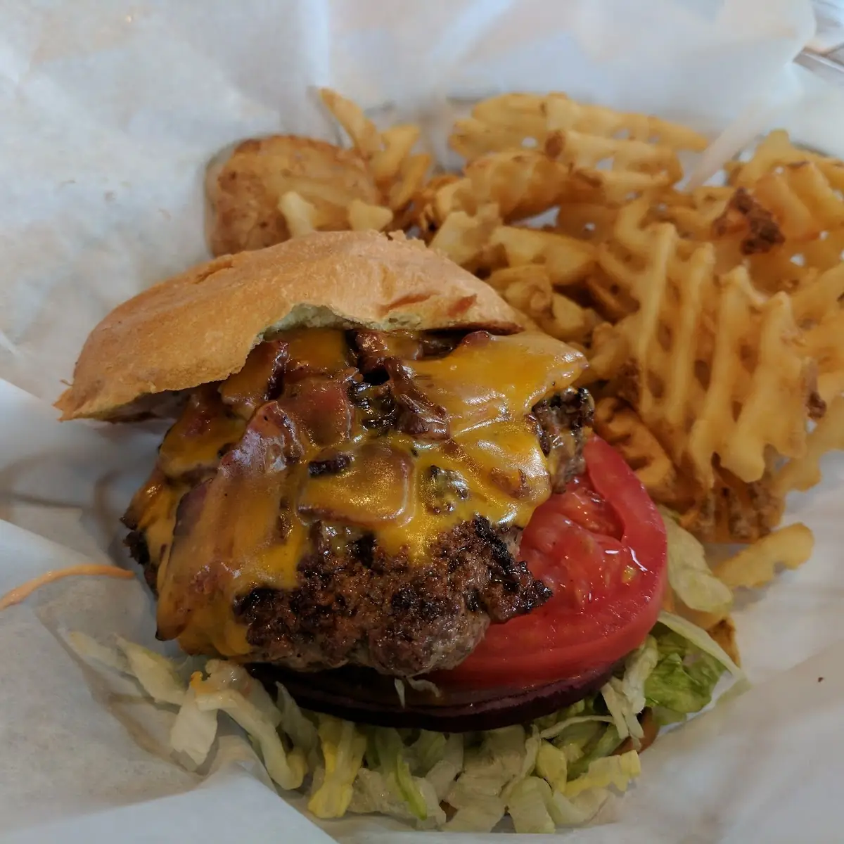 Bacon Cheddar Burger and Fries
