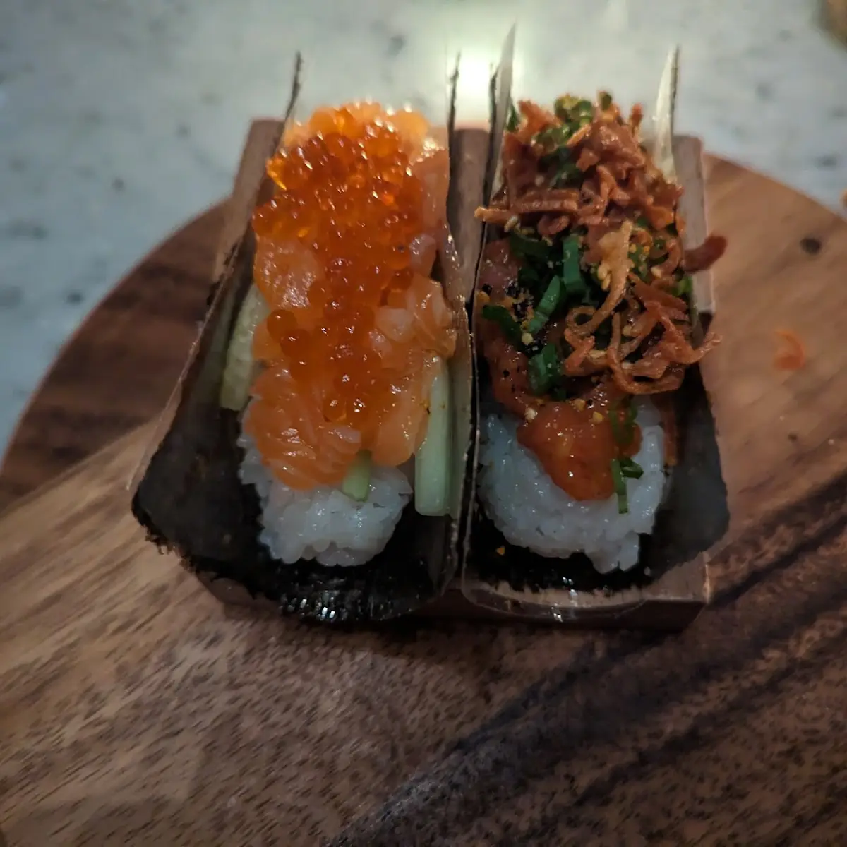 Artic Char Hand Roll and Tuna Poke Handroll