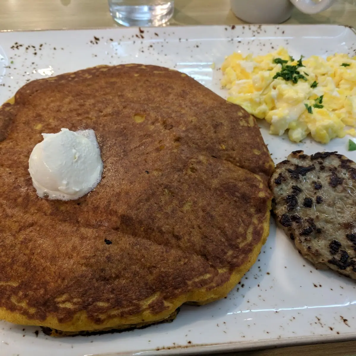 Pumpkin Pancake Chicken Sausage Scrambled Eggs