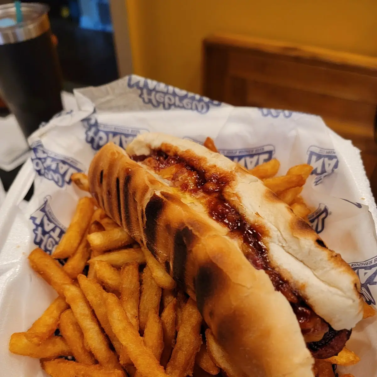 Baconater Dog with BBQ Sauce French Fries