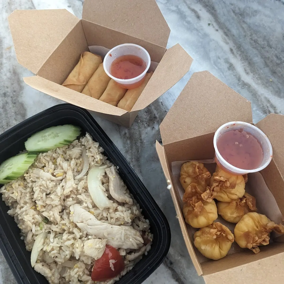 Chicken Fried Rice Krab Rangoon & Crispy Spring Rolls