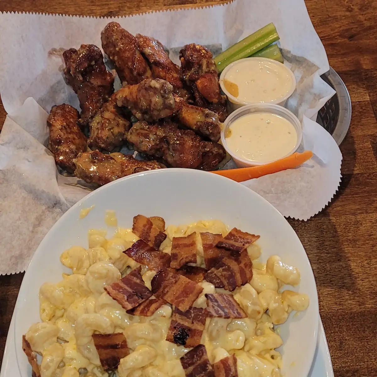 Mac and Cheese and Garlic Parmesan Wings