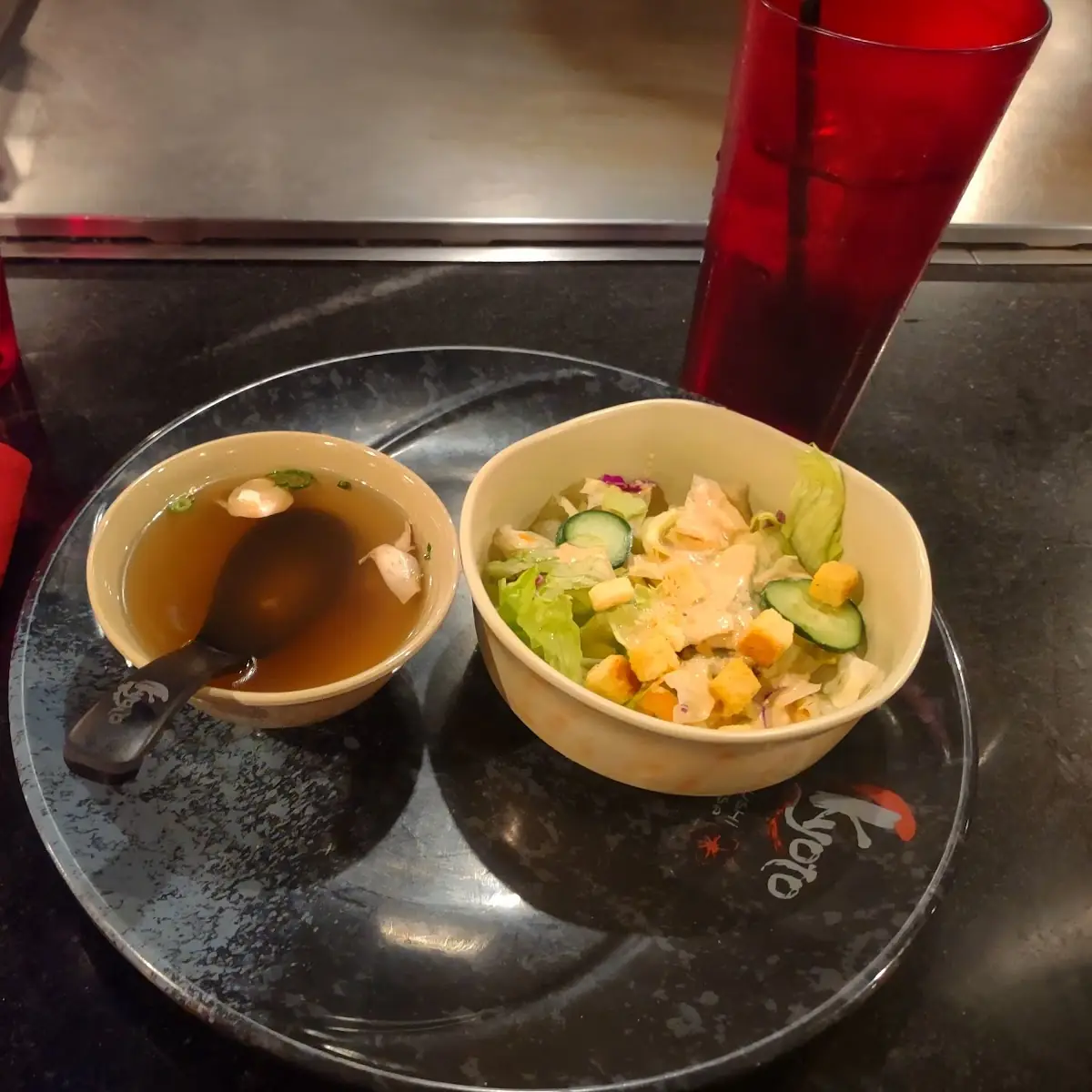 Salad with Ginger Dressing and Onion Soup