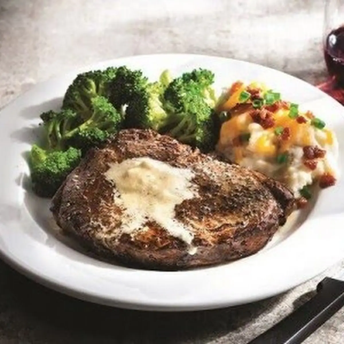 10oz Ribeye Steak with Mashed Potatoes and Broccoli and Cheese with a Side Order of Shrimp