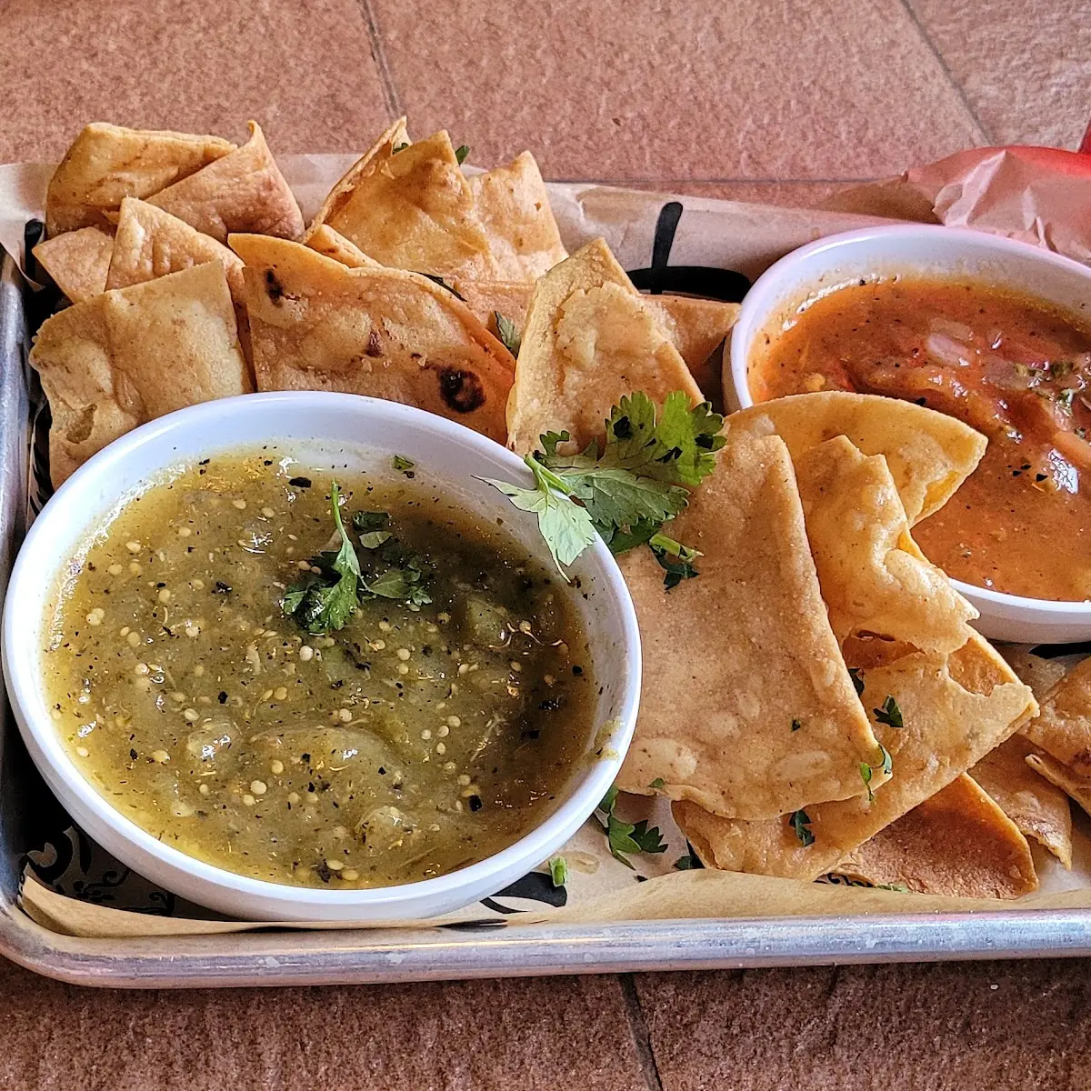 Tortilla Chips with Salsa Verde and Roja