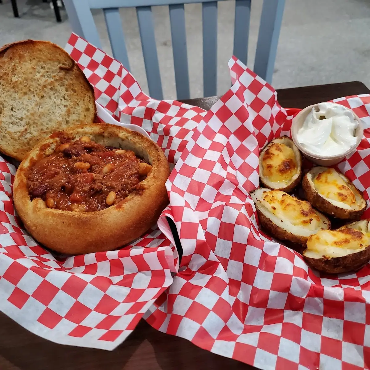 Beef Chili in a Bread Bowl and Twice Baked Potatoes