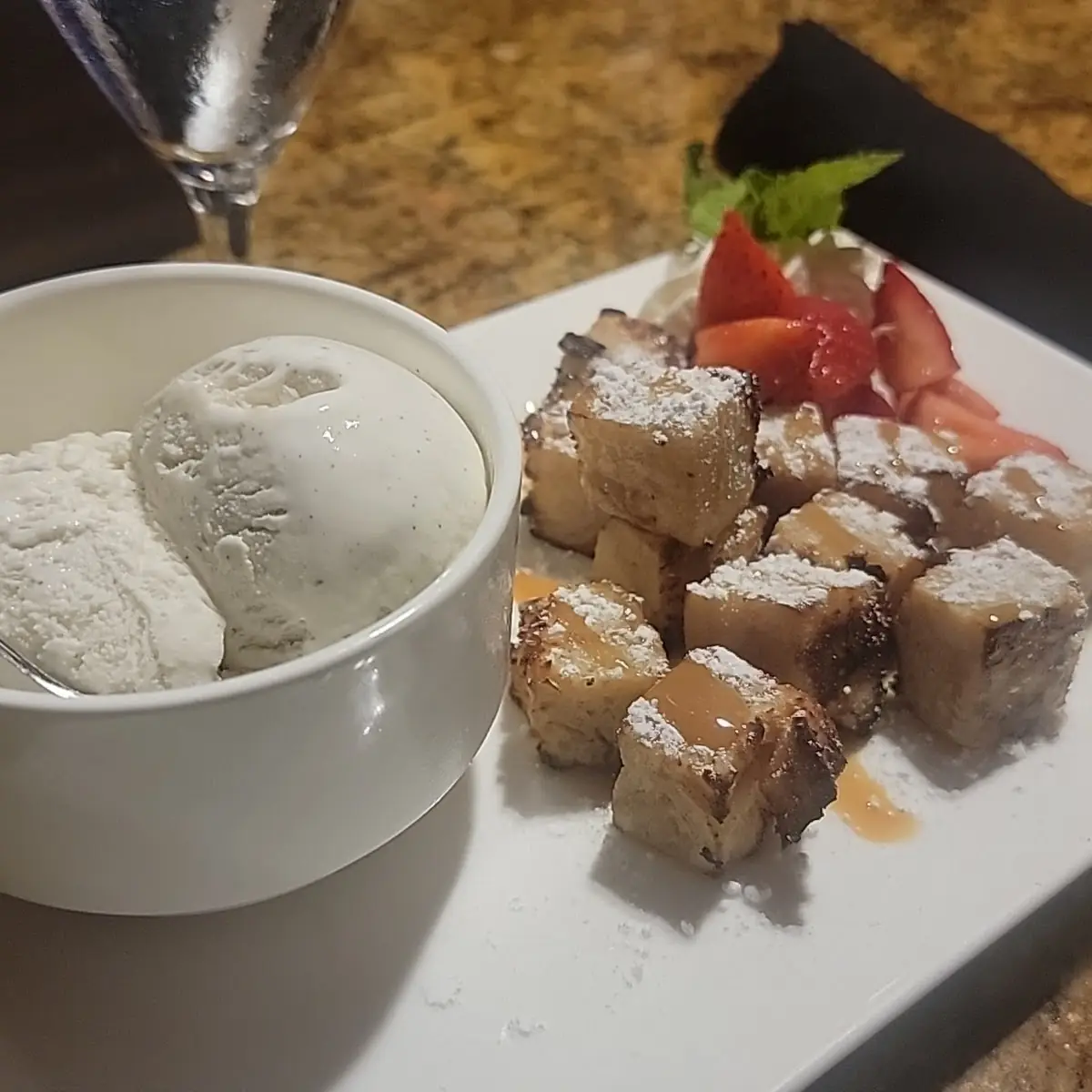 Strawberry and Bread Pudding Bites with Ice Cream