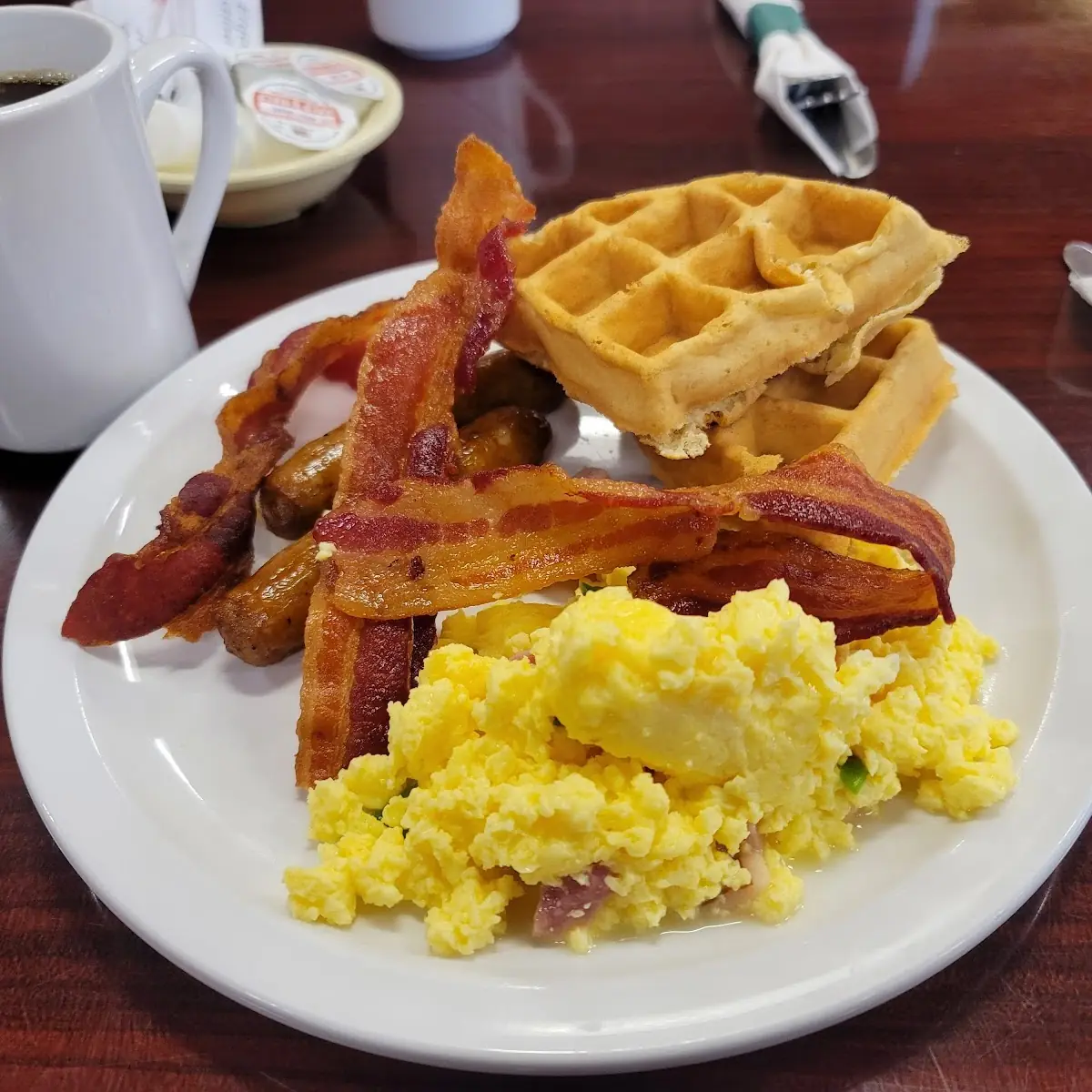 Egg Omelette Bacon Links and Waffle