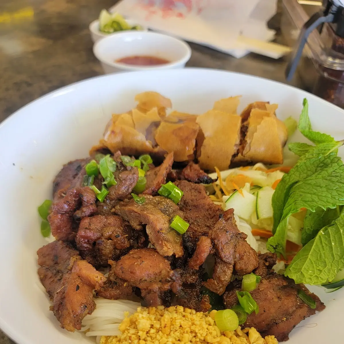 Grilled Pork Vermicelli with Egg Rolls