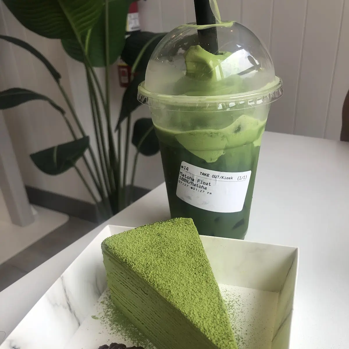 Matcha Crape Cake and Matcha Latte with Soft Serve Ice Cream