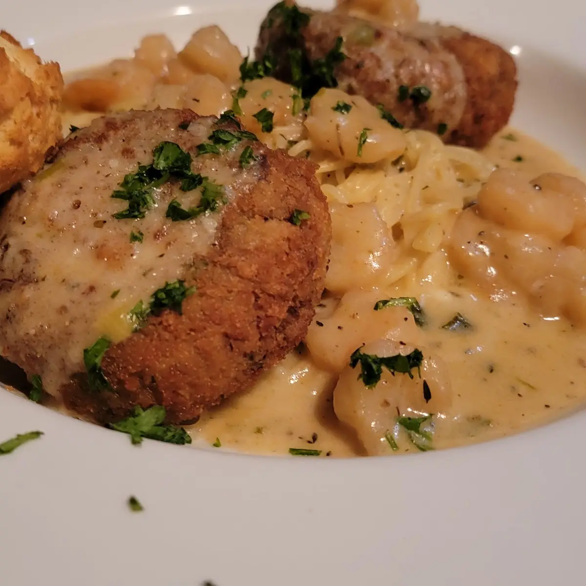 Crab Cakes and Shrimp Pasta Alfredo