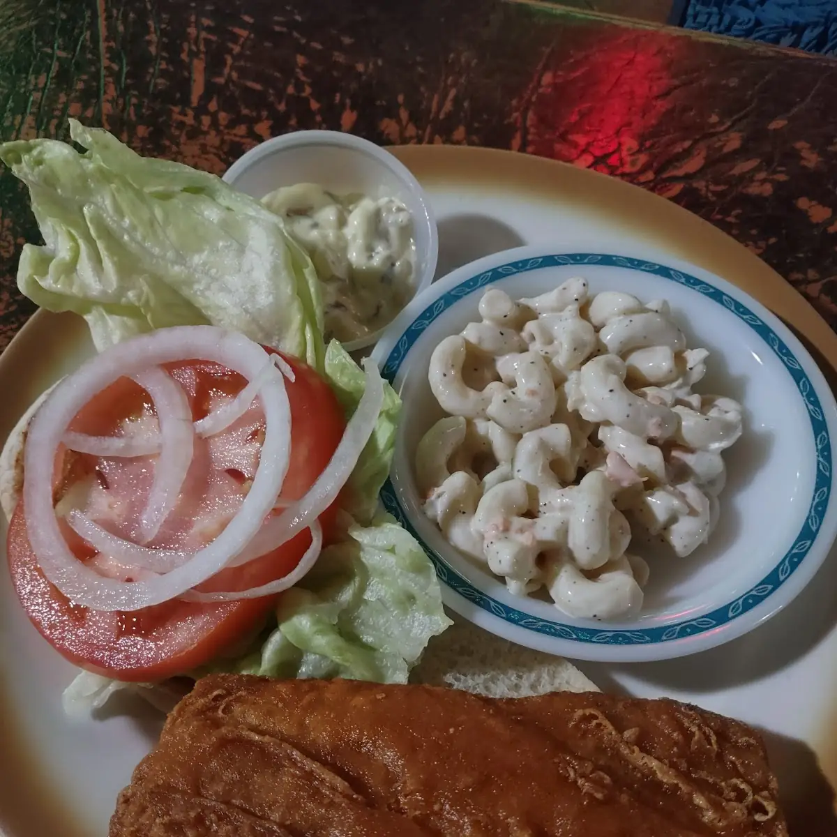 Fried Fish Sandwich with Macaroni Salad