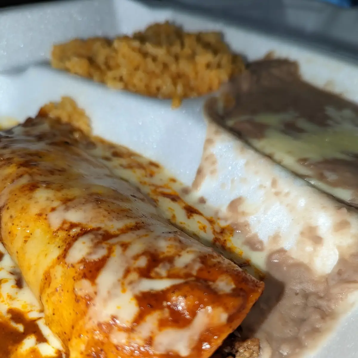 Beef Enchilada with Rice and Beans